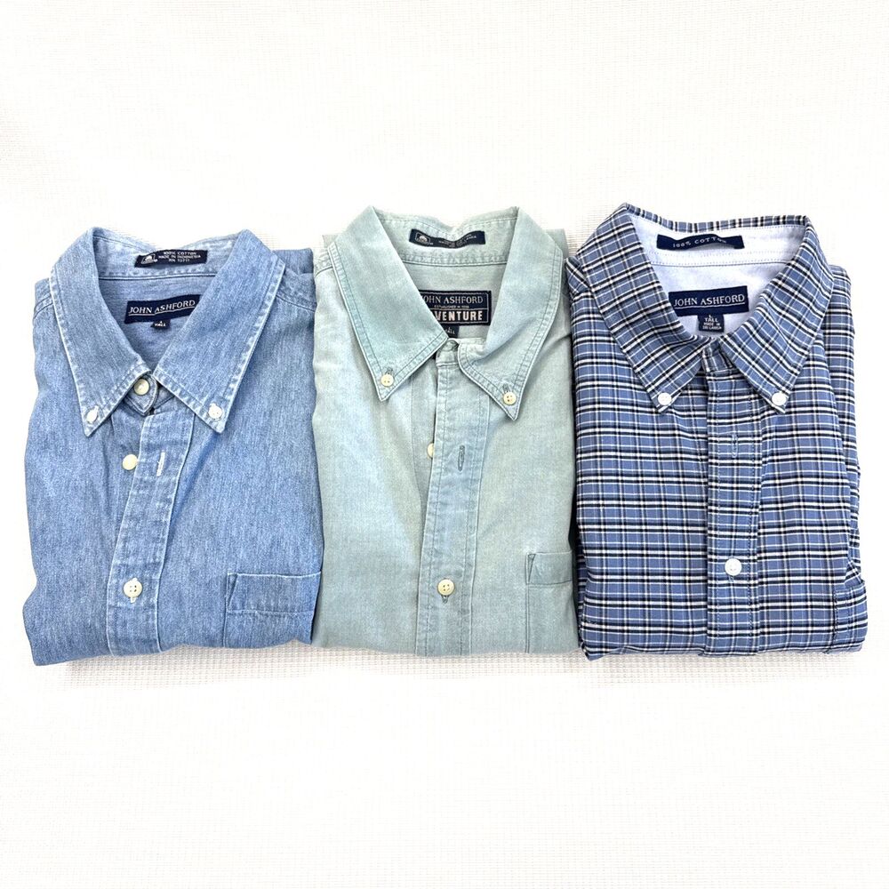 3 - John Ashford Mens Blue Denim 100% Cotton SS Button Shirt - Large Tall (LT)